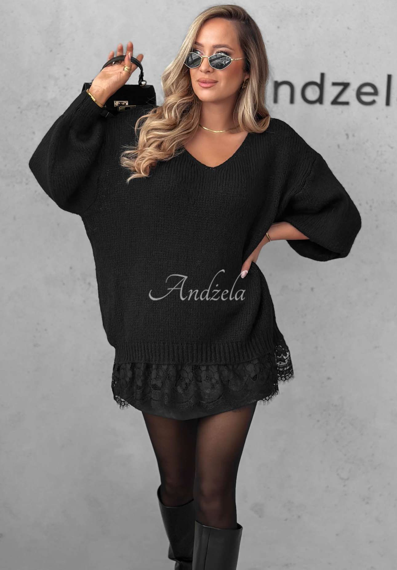 Dusky Clouds Black Oversized Sweater with Lace, Made of Wool and Viscose