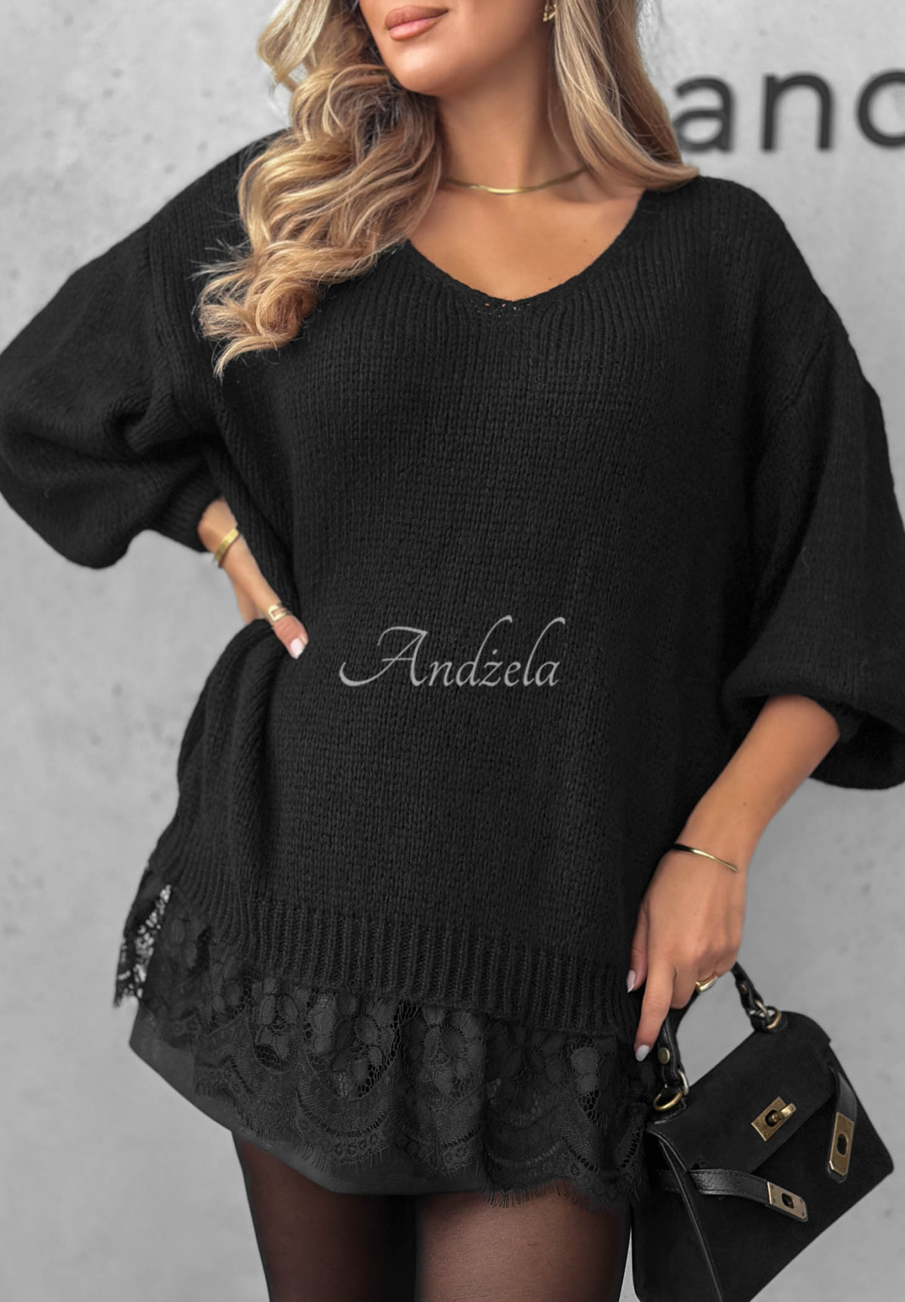 Dusky Clouds Black Oversized Sweater with Lace, Made of Wool and Viscose
