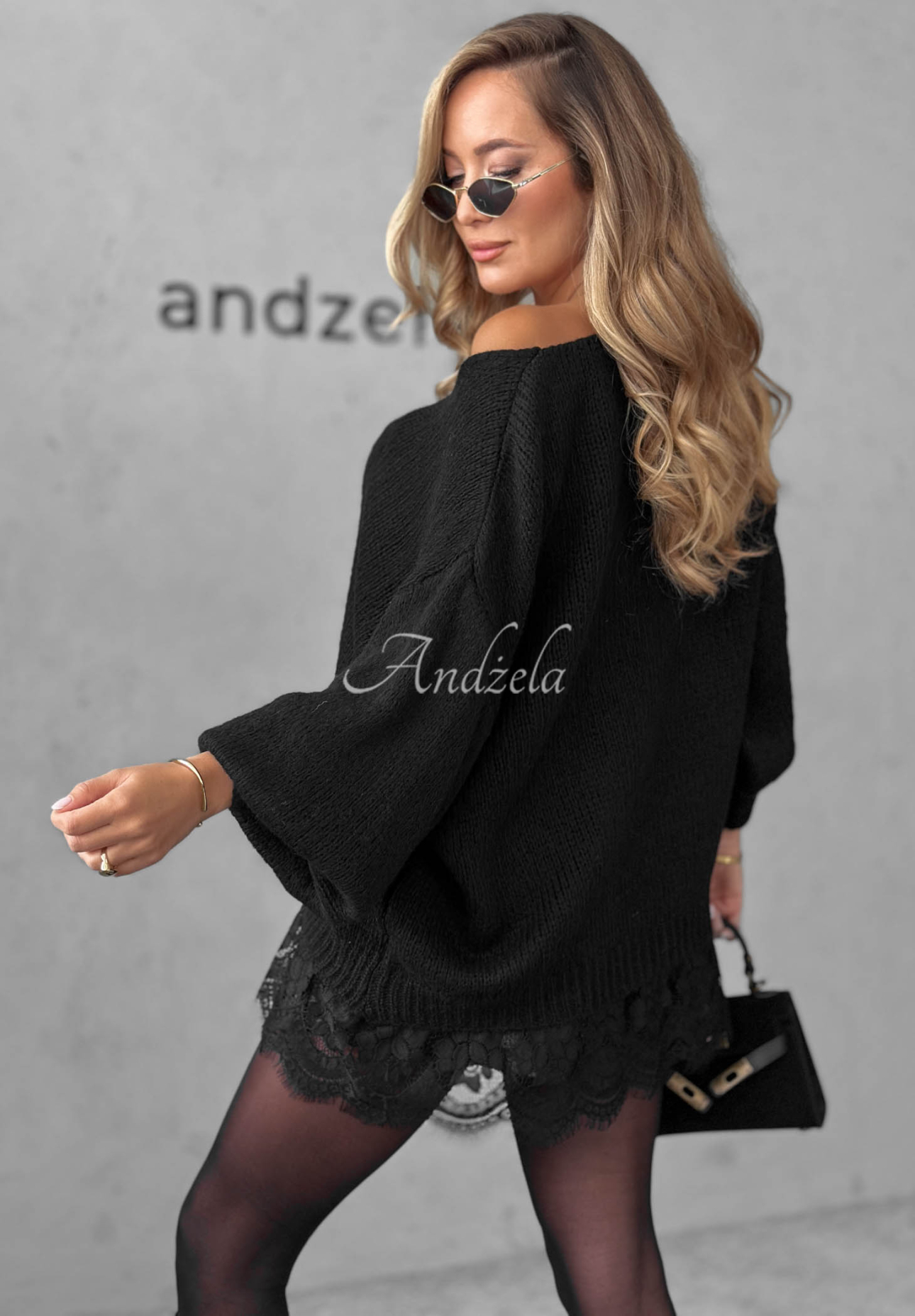Dusky Clouds Black Oversized Sweater with Lace, Made of Wool and Viscose