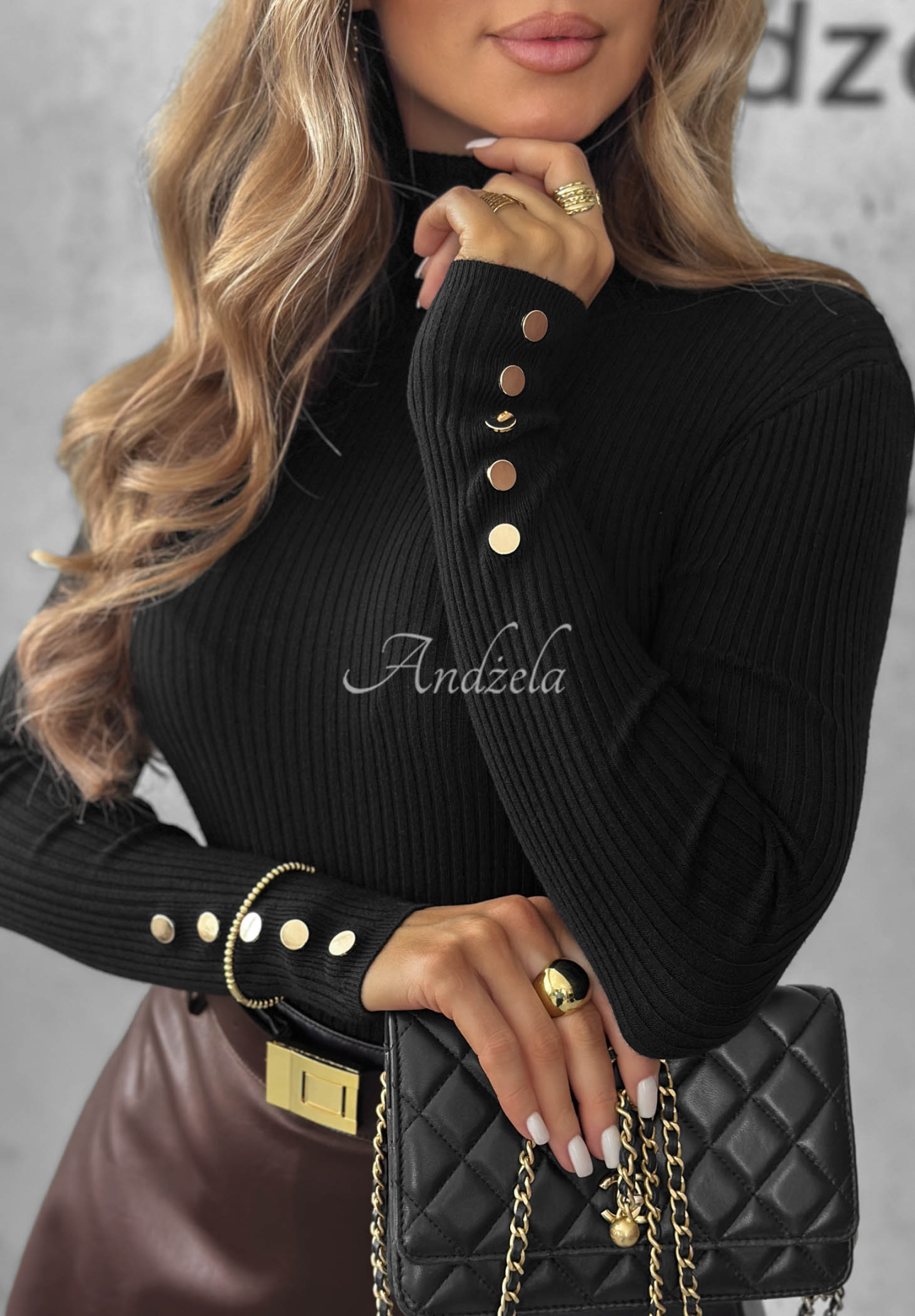 Seasonal Basic Black Ribbed Long-Sleeve Viscose Blouse