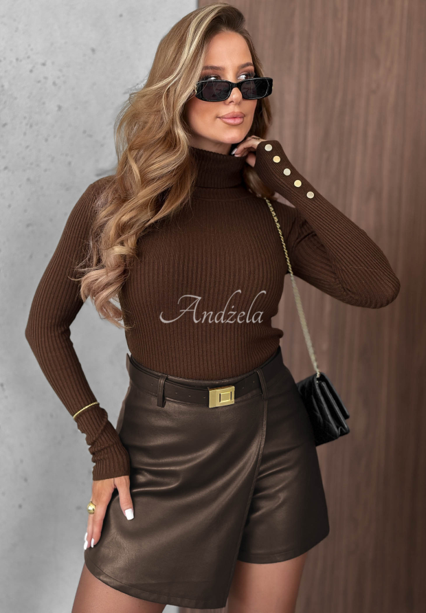 Seasonal Basic Chocolate-Colored Striped Long-Sleeve Viscose Blouse
