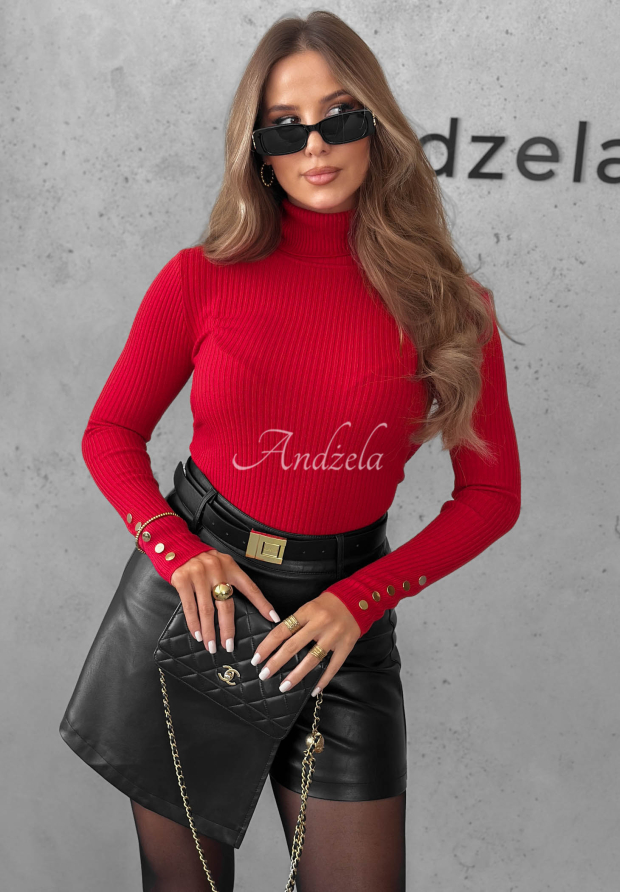 Seasonal Basic Red Ribbed Long-Sleeve Viscose Blouse