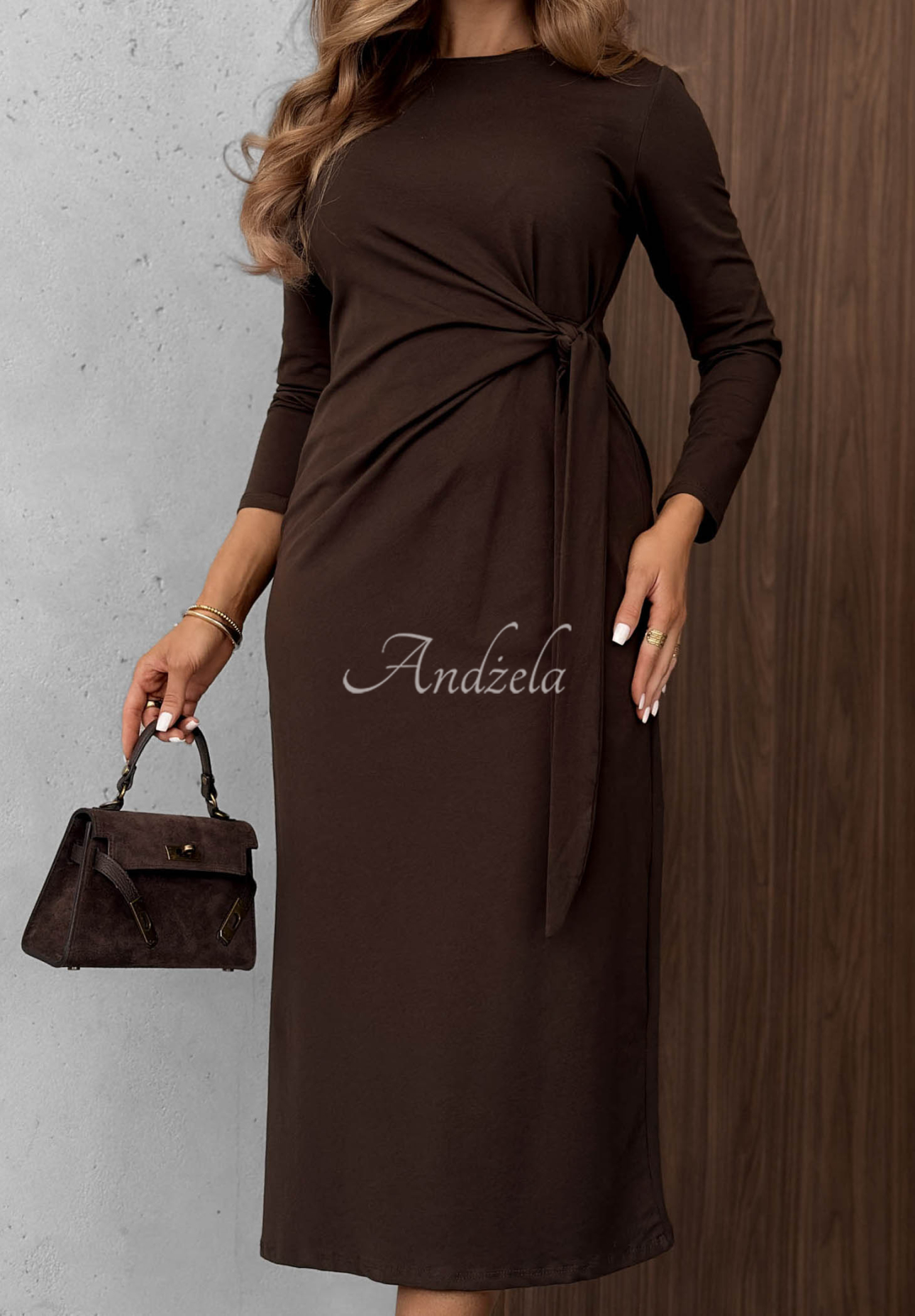 Misty Memories Chocolate-Colored Long-Sleeve Cotton Dress with Tie Detail