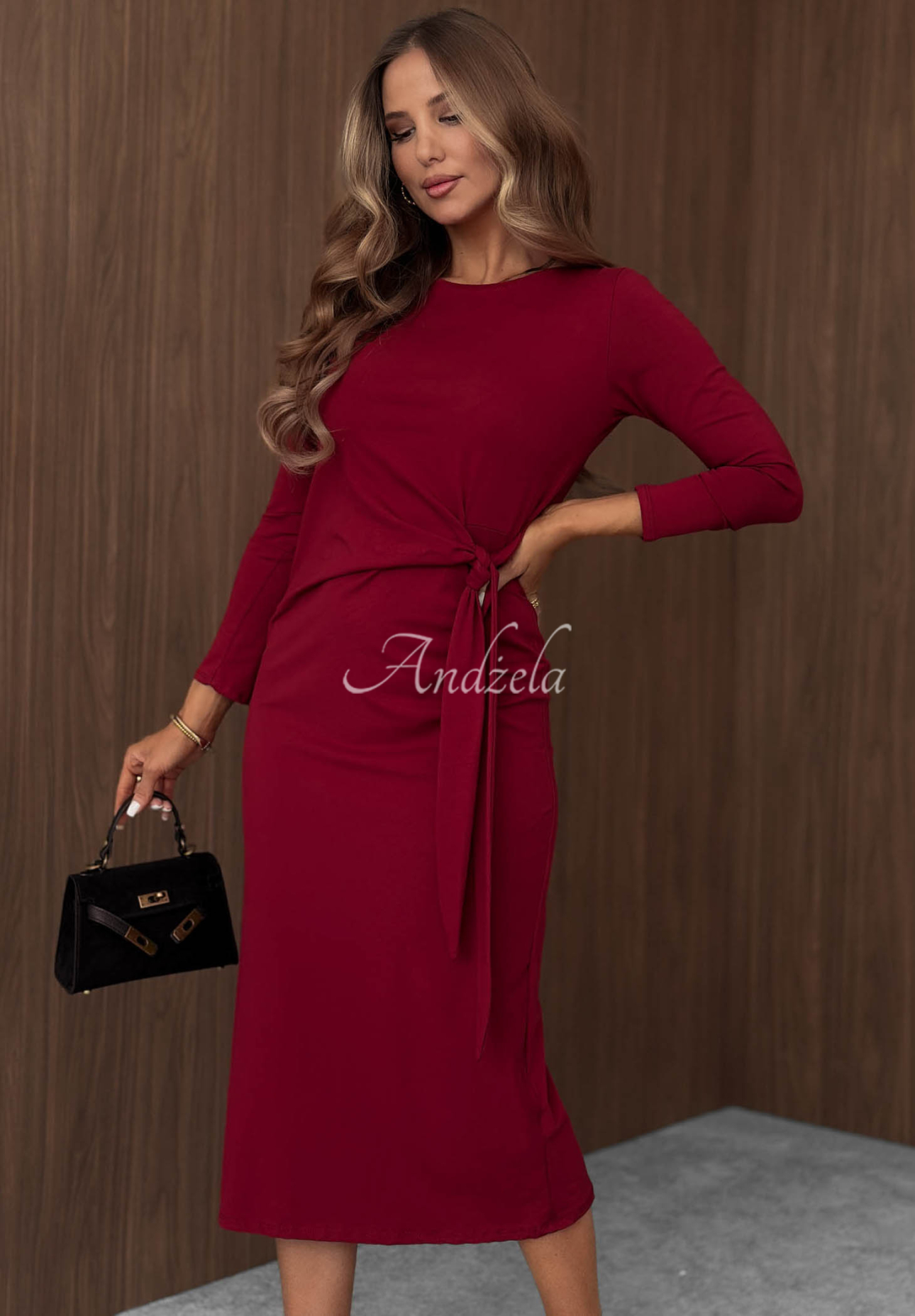 Misty Memories Burgundy Long-Sleeve Cotton Dress with Tie Detail