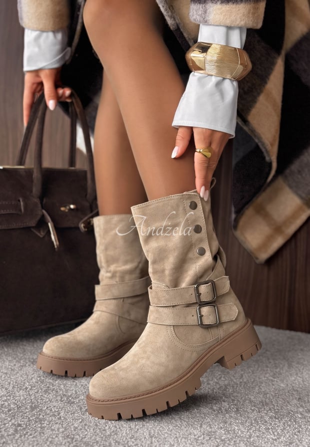 Zamszowe botki z paskami Rainy Steps beżowe
