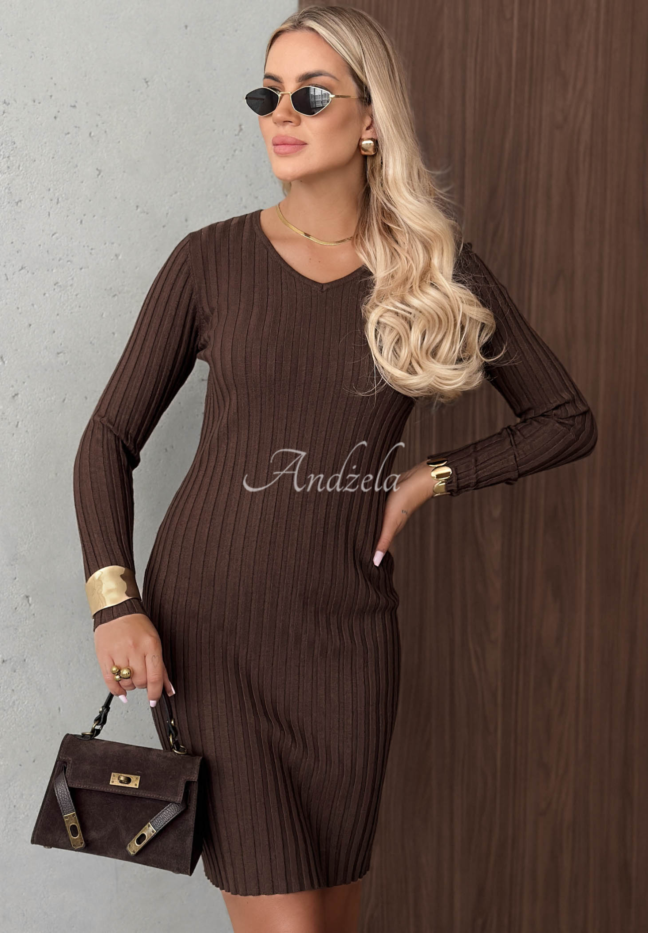 Striped viscose mini dress with long sleeves and a neckline by Lost Romance, chocolate brown