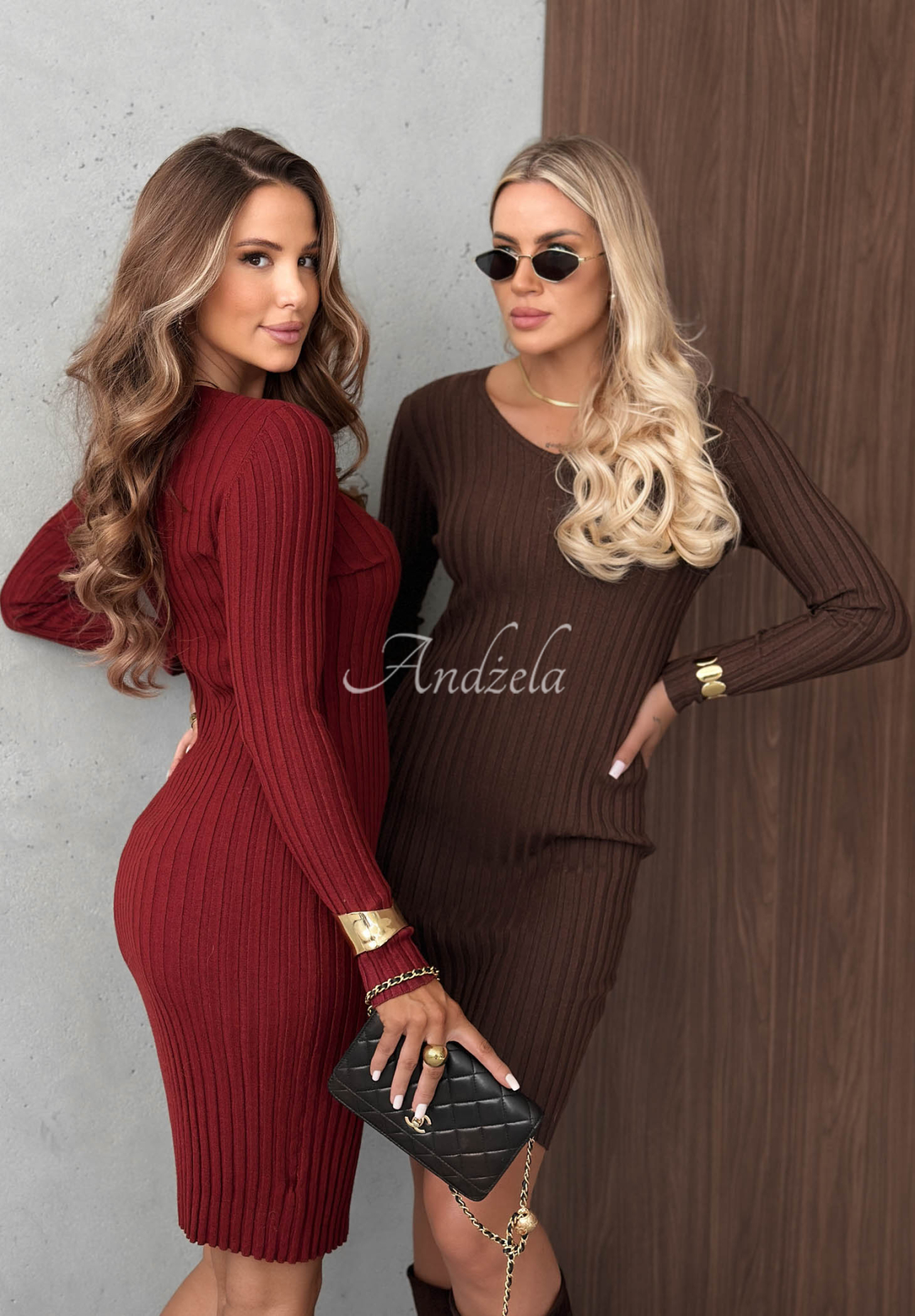 Ribbed viscose long-sleeve mini dress with a neckline by Lost Romance in burgundy
