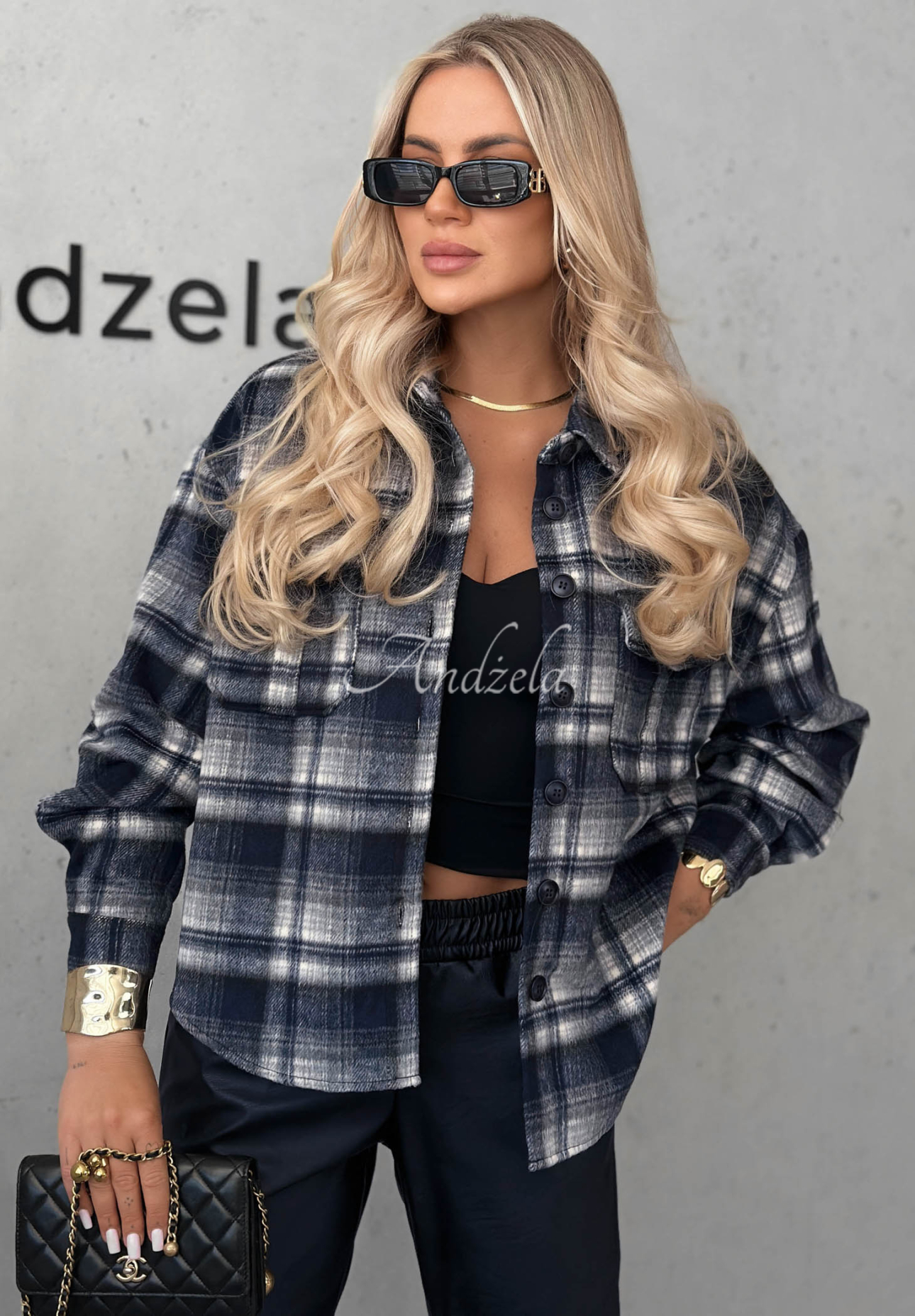 Koszula z wełną w kratę Maple Plaid granatowa