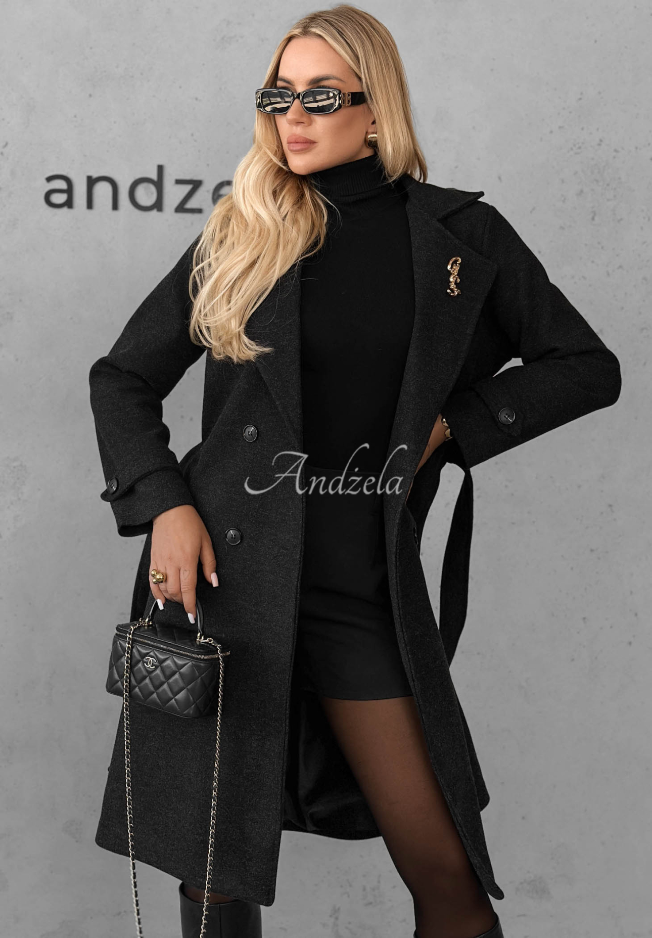 Maple Street Long Coat with Collar and Belt, Black