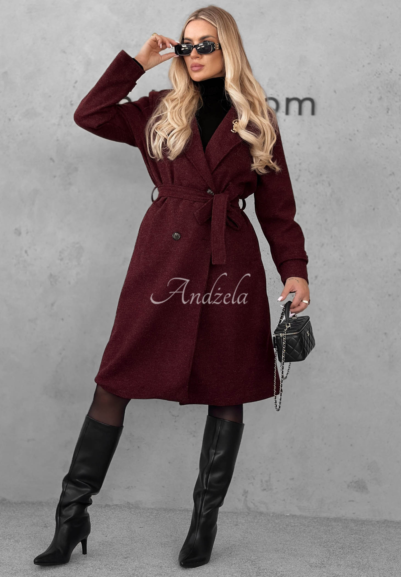Maple Street Long Coat with Collar and Belt, Burgundy