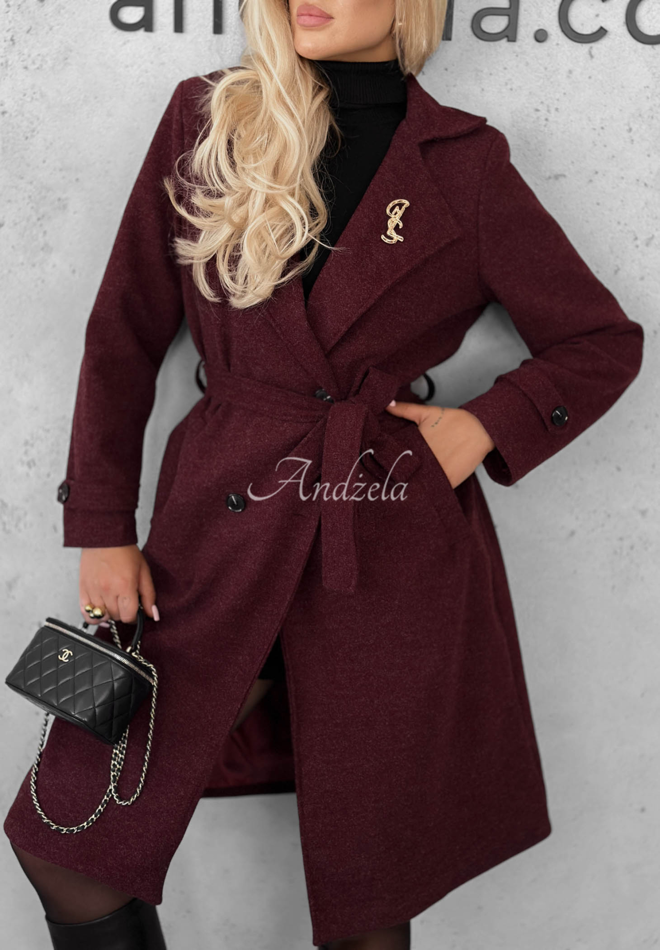 Maple Street Long Coat with Collar and Belt, Burgundy