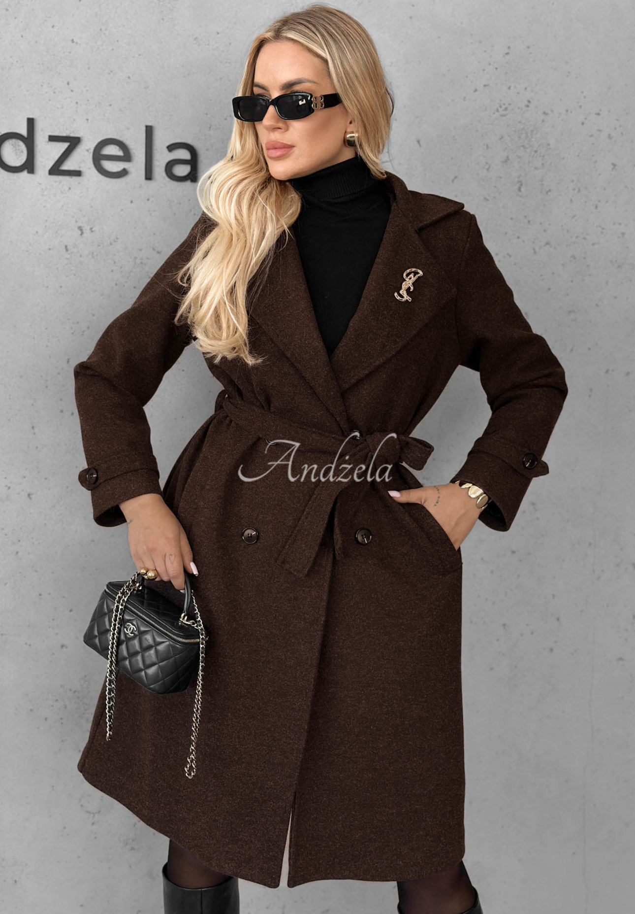 Maple Street Long Coat with Collar and Belt, Chocolate Brown
