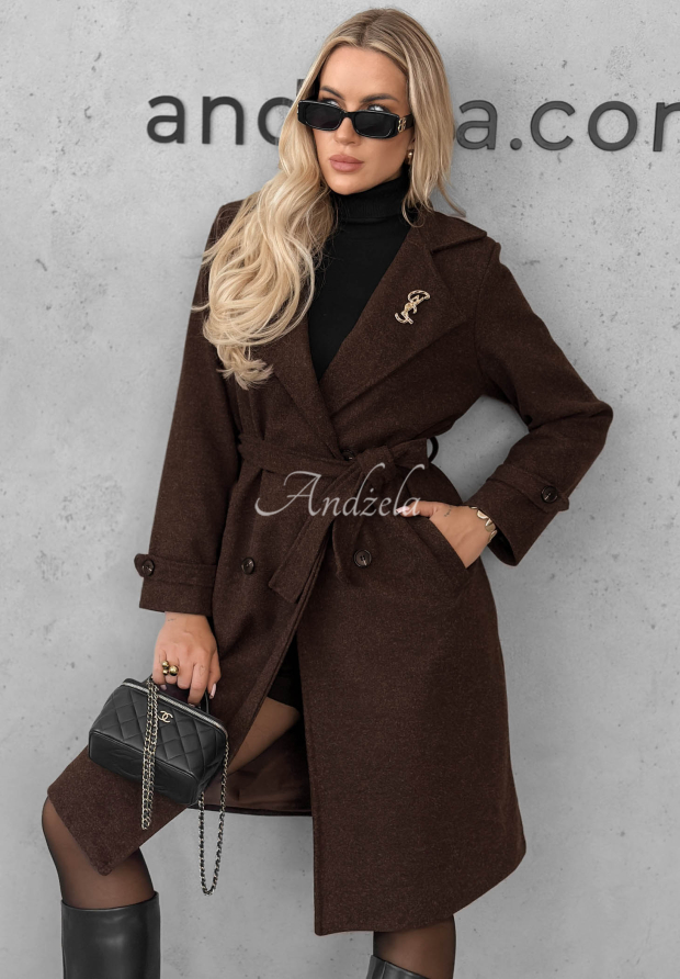 Maple Street Long Coat with Collar and Belt, Chocolate Brown