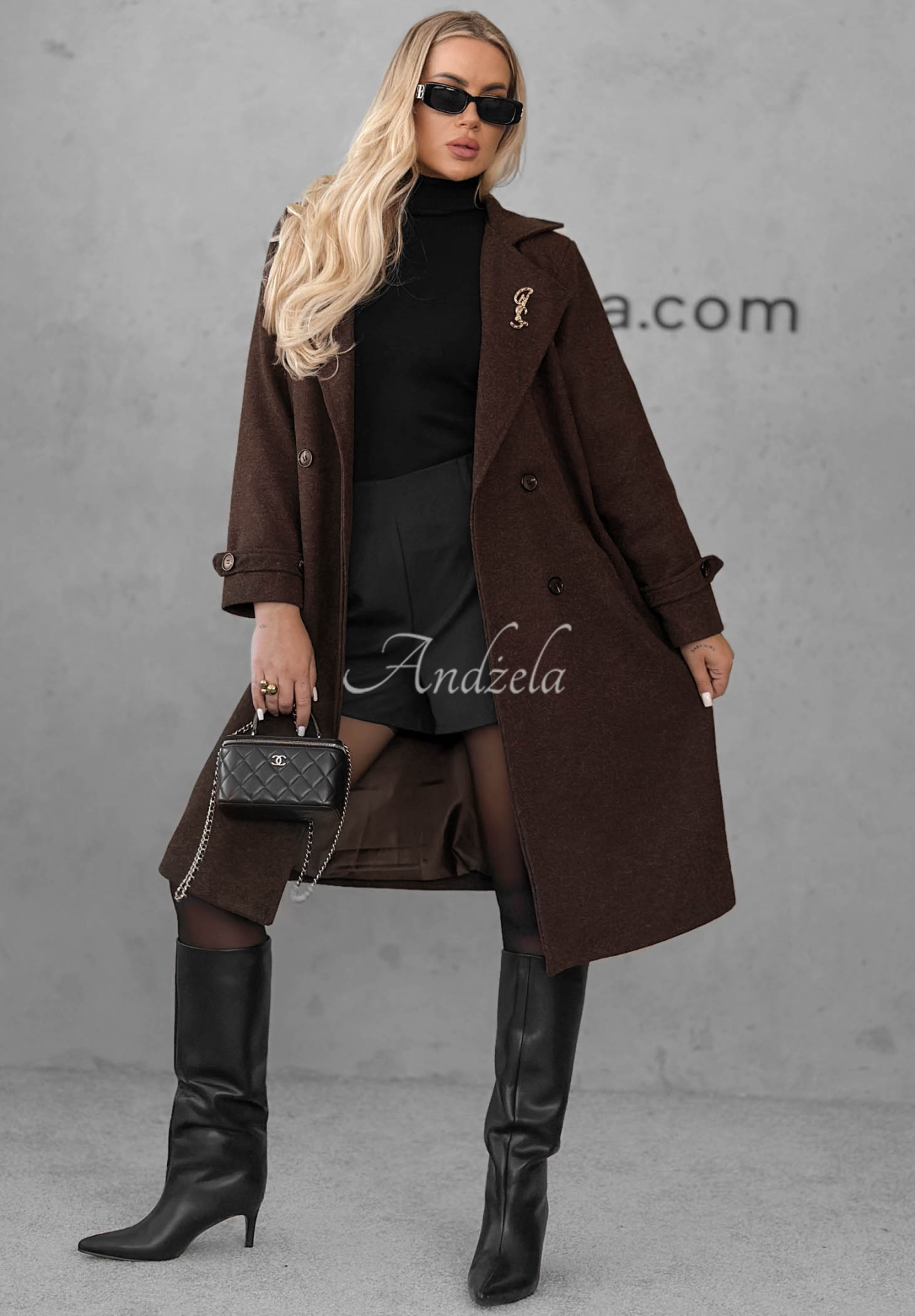 Maple Street Long Coat with Collar and Belt, Chocolate Brown