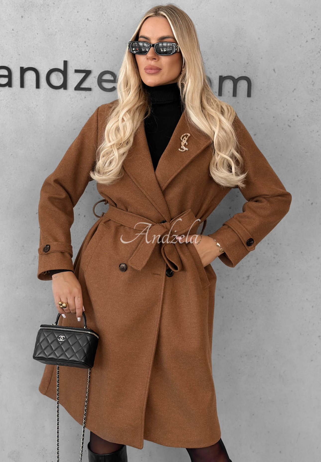 Maple Street Long Coat with Collar and Belt in Camel