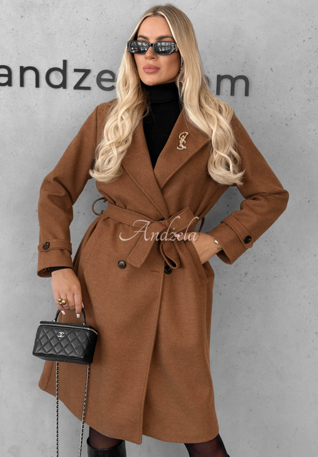 Długi płaszcz z kołnierzem i paskiem Maple Street camelowy