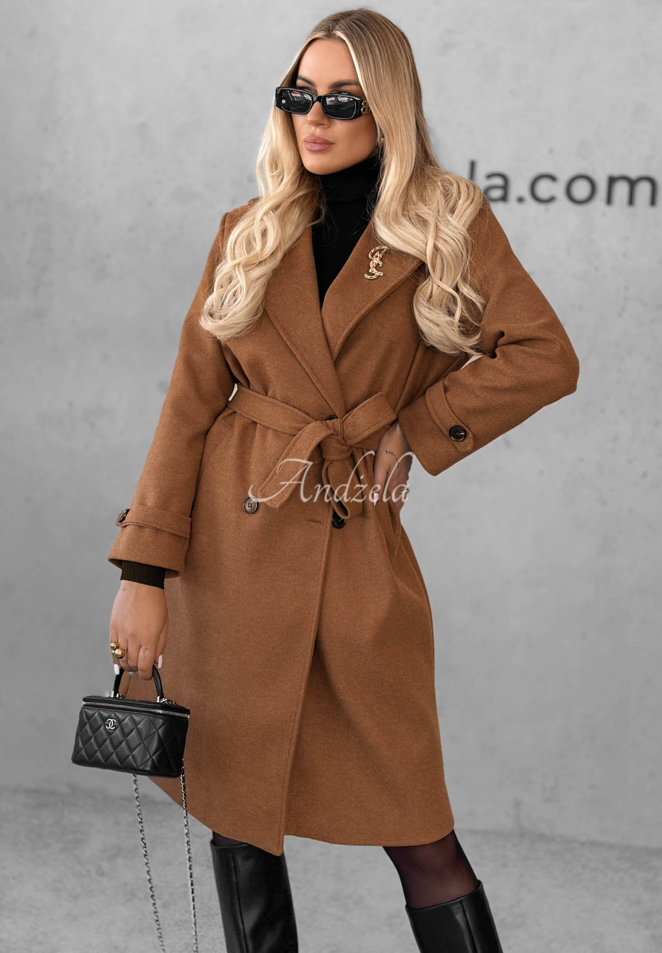 Maple Street Long Coat with Collar and Belt in Camel