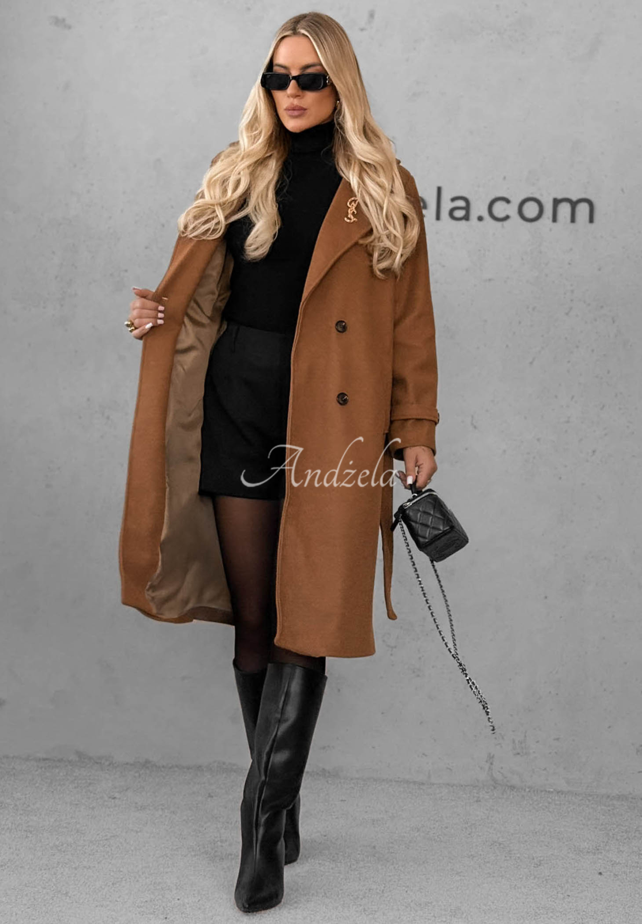 Maple Street Long Coat with Collar and Belt in Camel