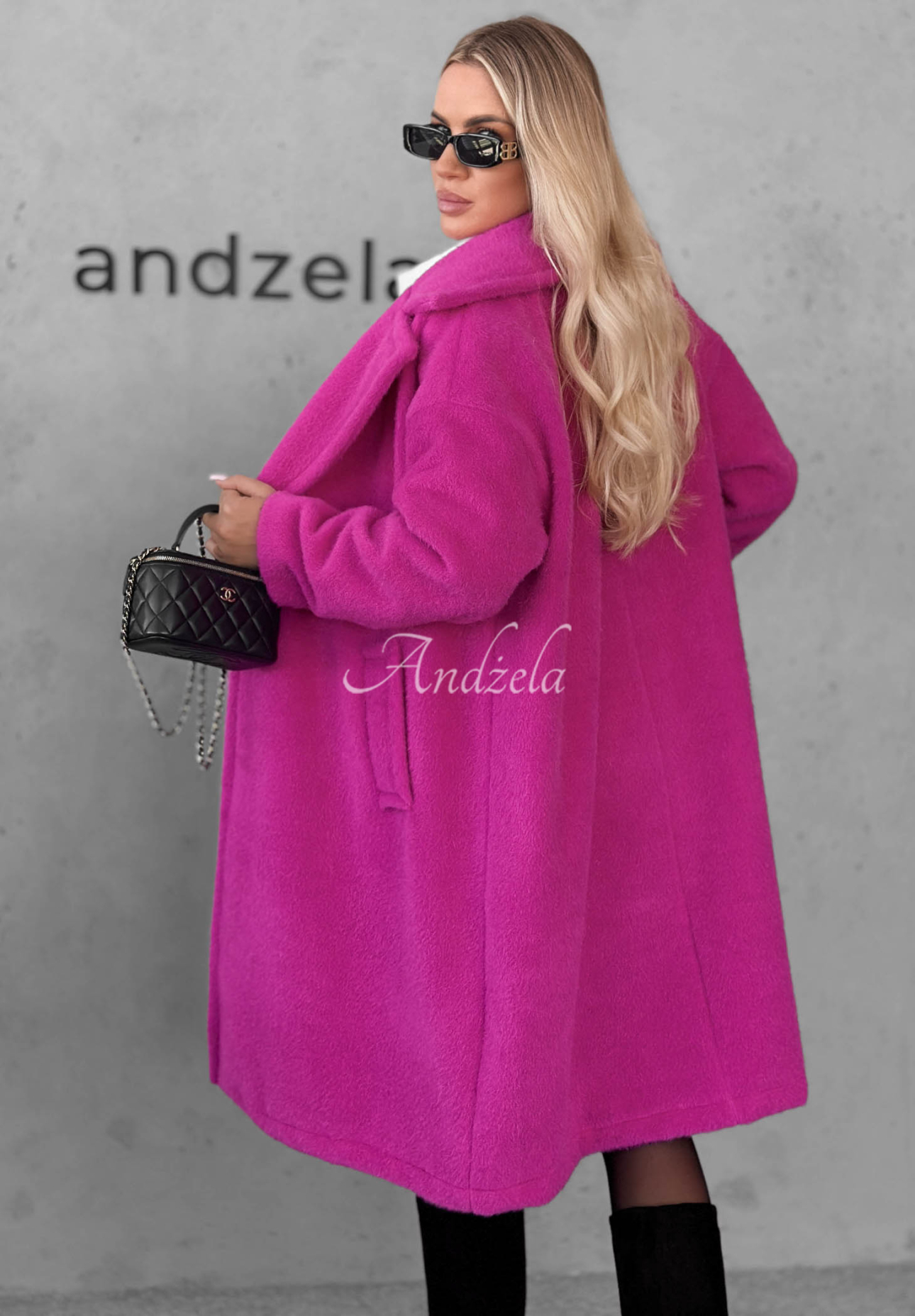 Warm Story Long Shearling Coat with Wool and Viscose, Fuchsia