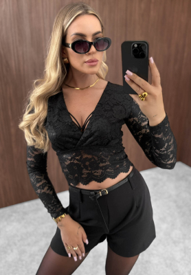 Sweet Sin Short Black Lace Long-Sleeve Blouse