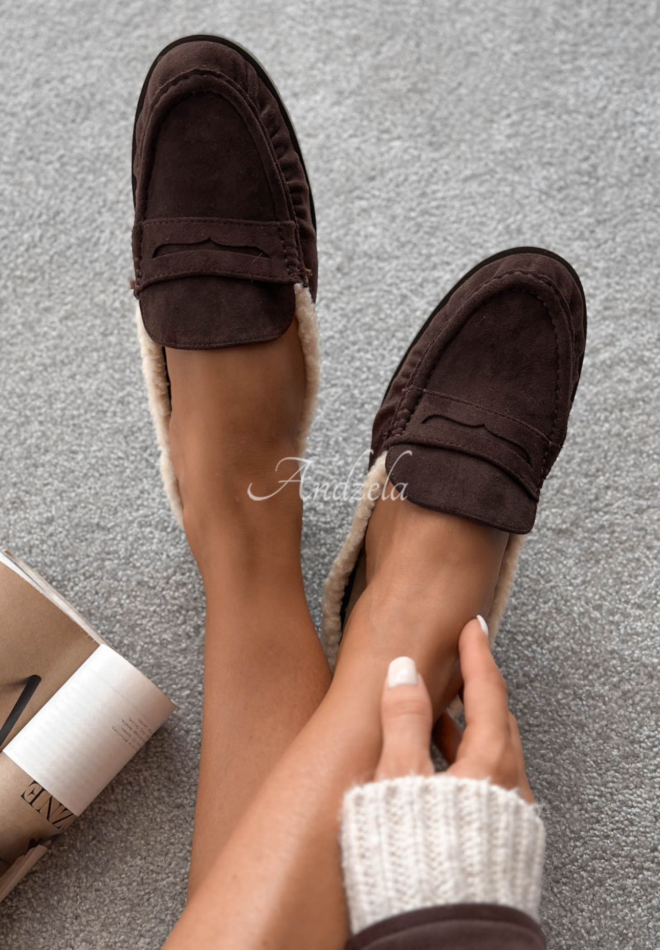 Cute Teddy Chocolate-Colored Insulated Suede Moccasins with Sheepskin Lining