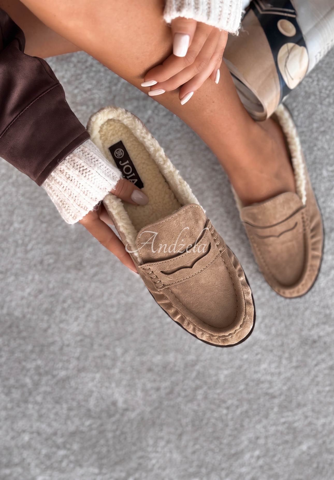 Cute Teddy Beige Insulated Suede Moccasins with Sheepskin Lining
