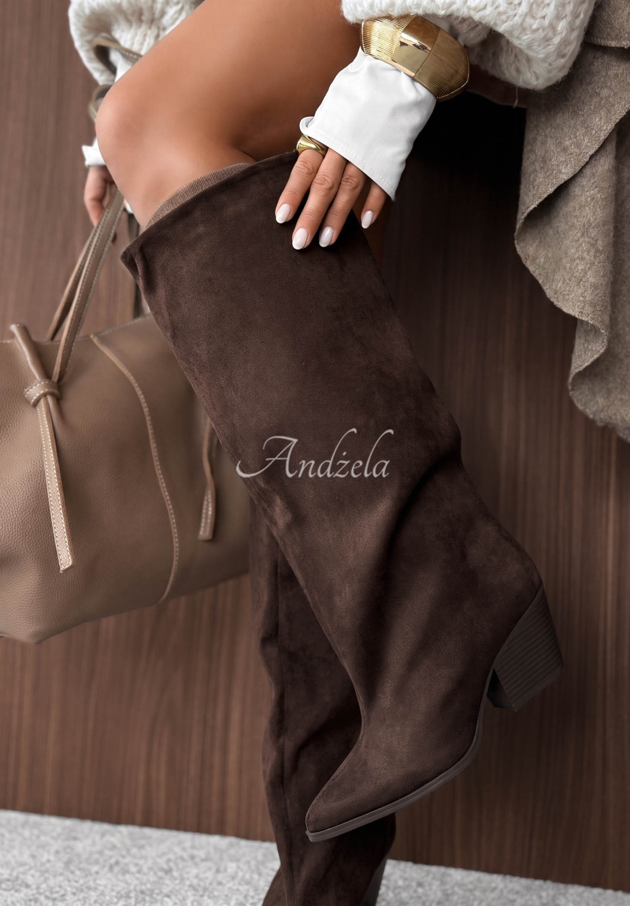 Coffee Walk Chocolate Suede Knee-High Boots with a Heel