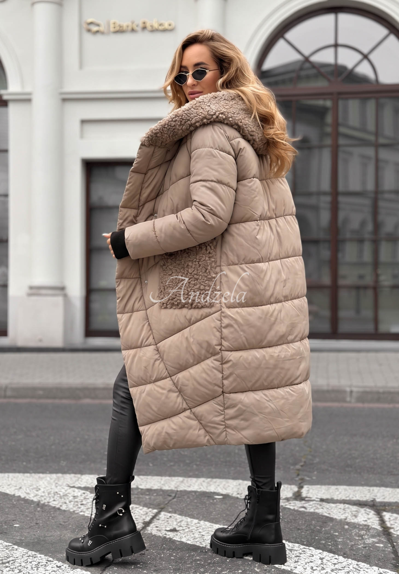 Długa pikowana kurtka z kożuszkiem Long Cold Winter beżowa