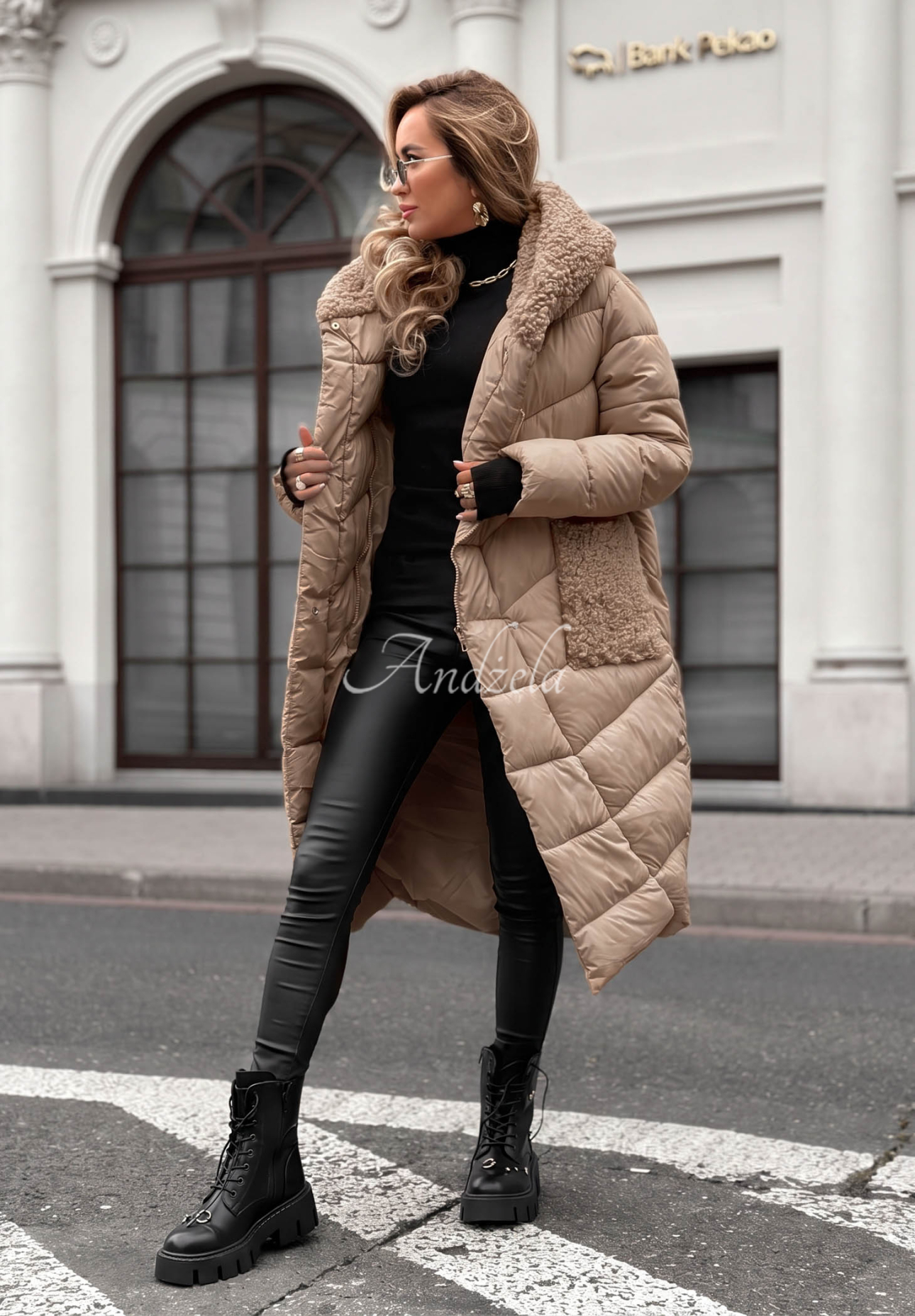 Długa pikowana kurtka z kożuszkiem Long Cold Winter beżowa