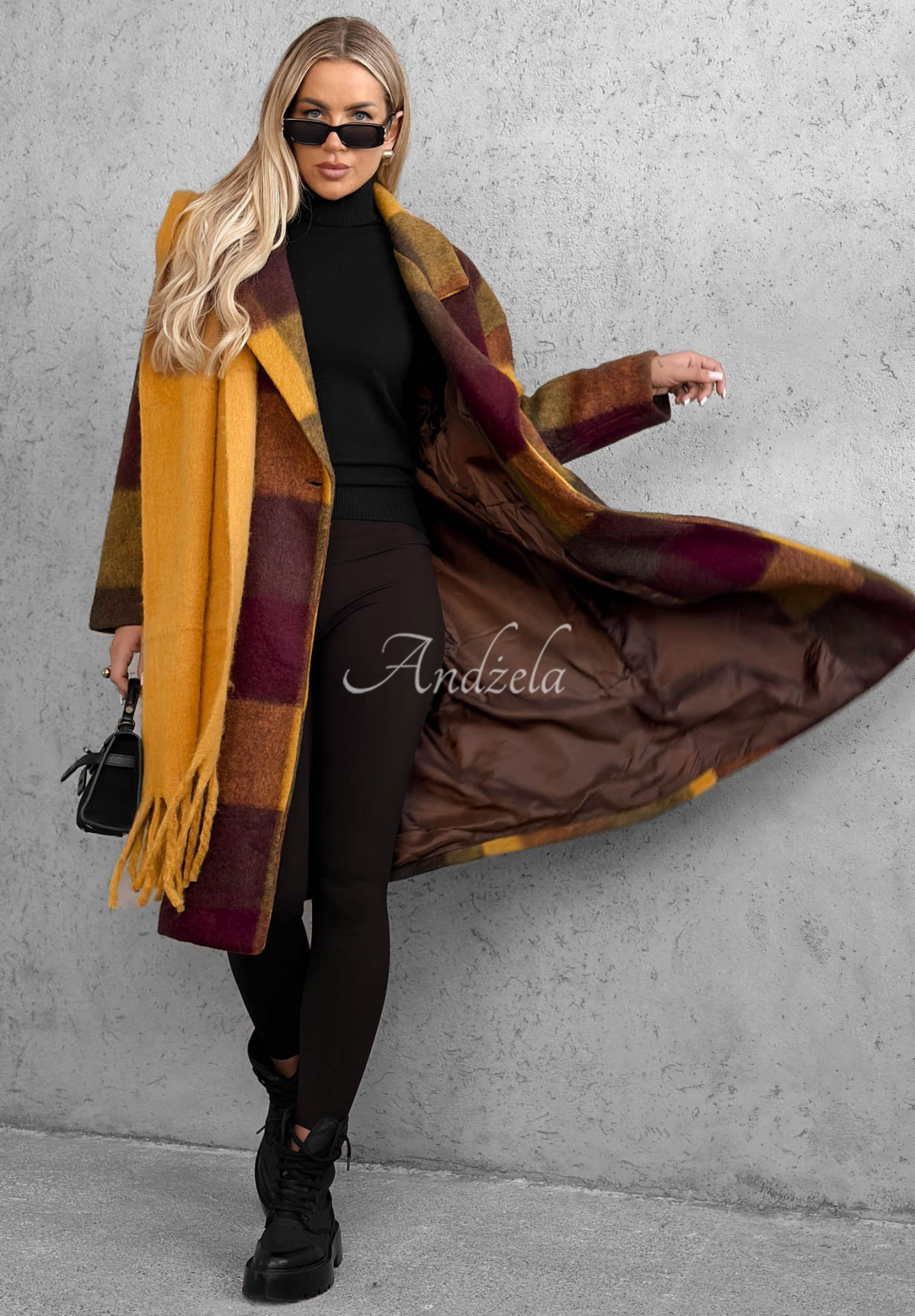 Long Checkered Coat with Wool, "Leaves Are Falling," Berry and Mustard