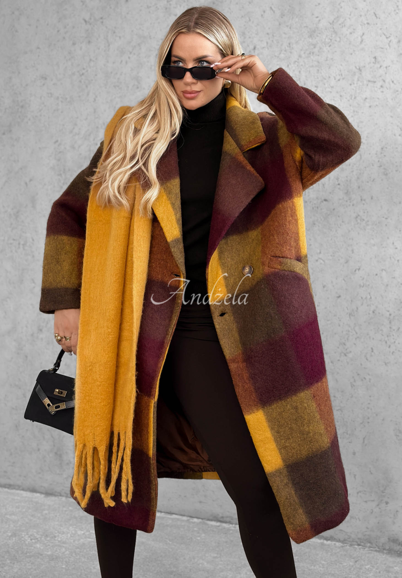 Long Checkered Coat with Wool, "Leaves Are Falling," Berry and Mustard