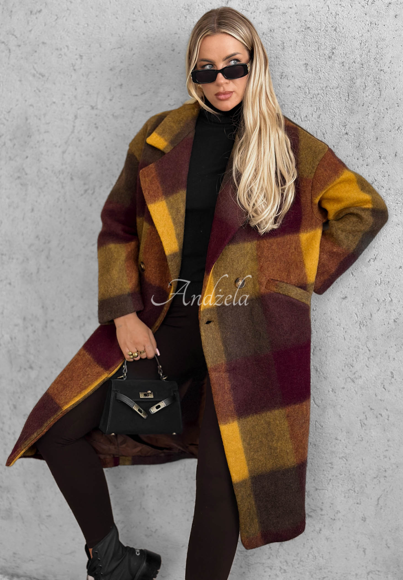 Long Checkered Coat with Wool, "Leaves Are Falling," Berry and Mustard