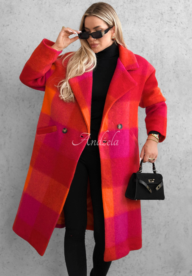 Leaves Are Falling Long Checkered Wool Coat in Fuchsia-Orange