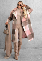 Long Coat w kratę z wełną Leaves Are Falling beige-pink