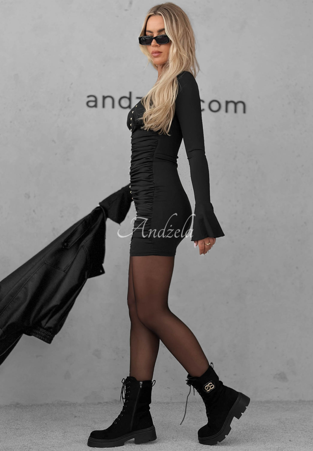 Pretty Trouble Black Viscose Mini Dress with Ruffles and Long Sleeves
