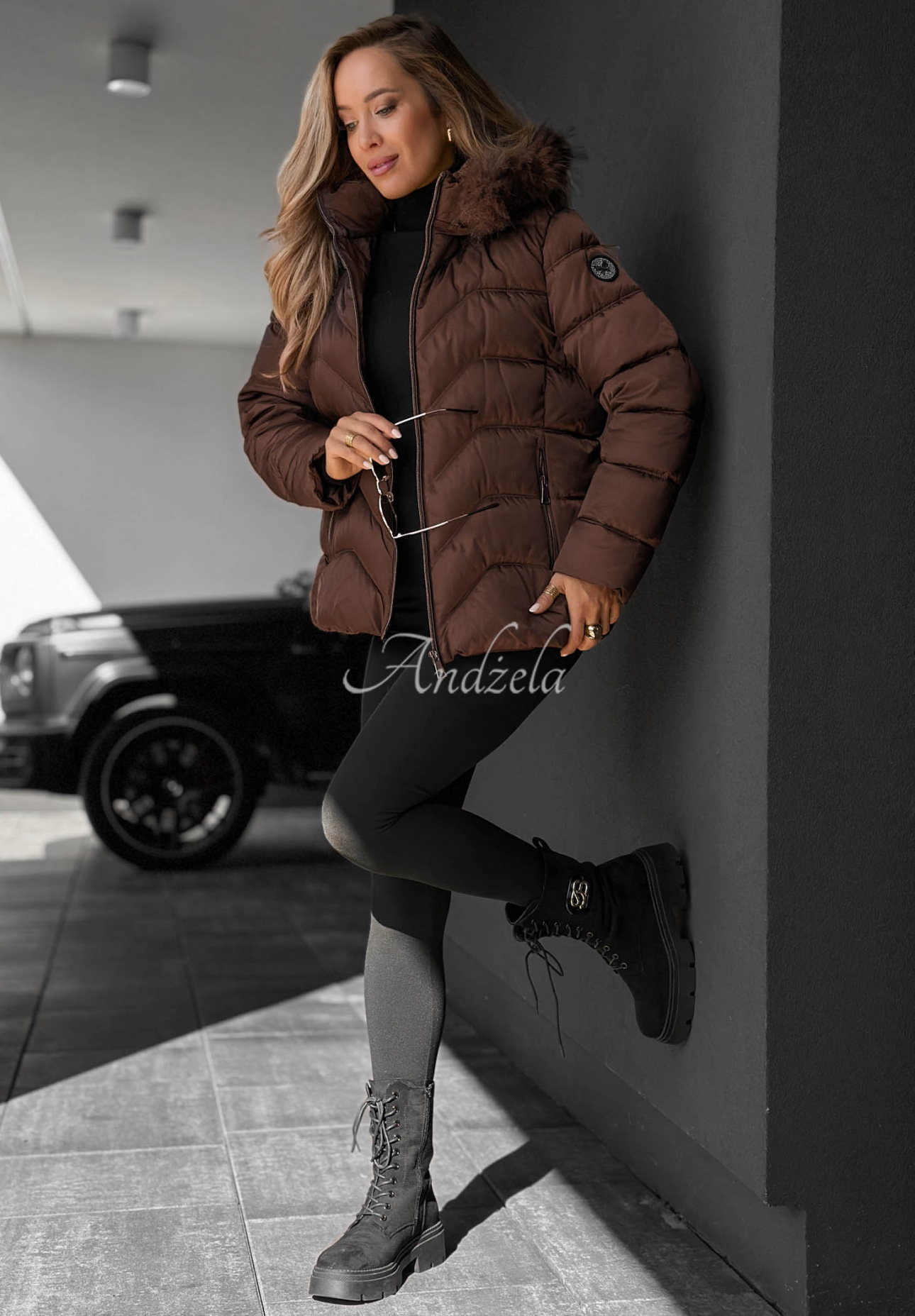 Frost Belle Short Quilted Jacket with Fur on the Hood, Chocolate Brown