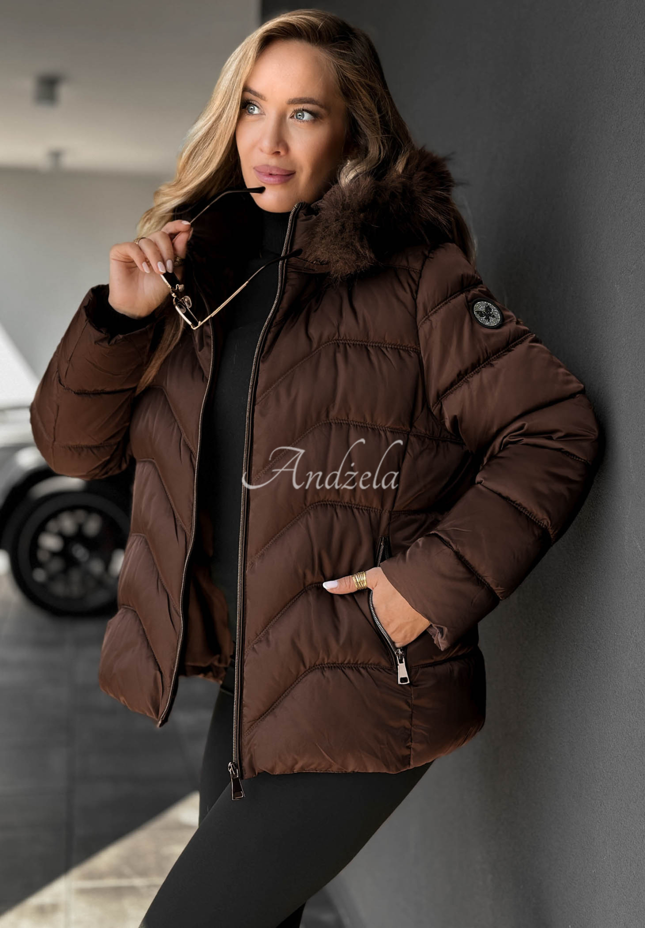 Frost Belle Short Quilted Jacket with Fur on the Hood, Chocolate Brown