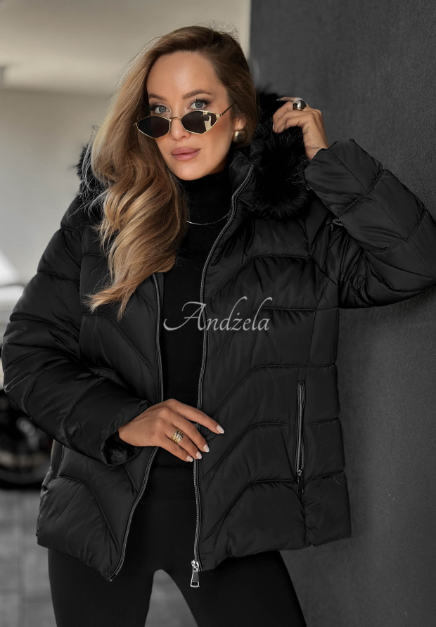 Frost Belle Short Quilted Jacket with Fur on the Hood, Black