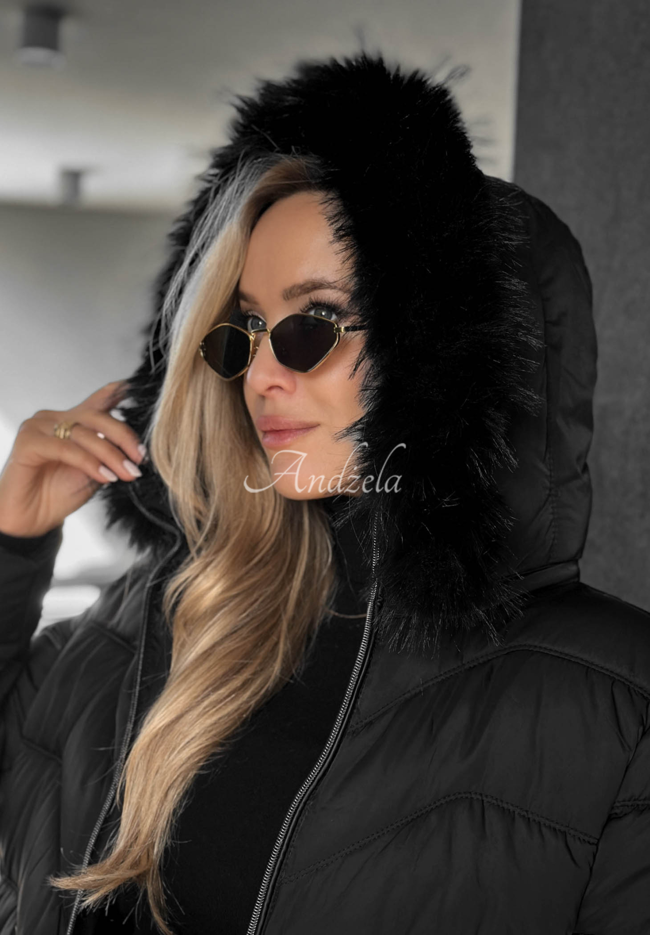 Frost Belle Short Quilted Jacket with Fur on the Hood, Black