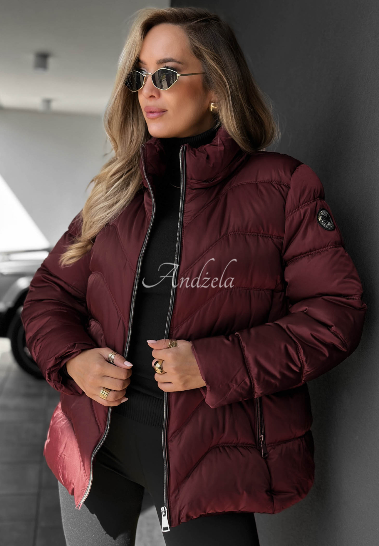 Frost Belle Short Quilted Jacket with Fur on the Hood, Burgundy