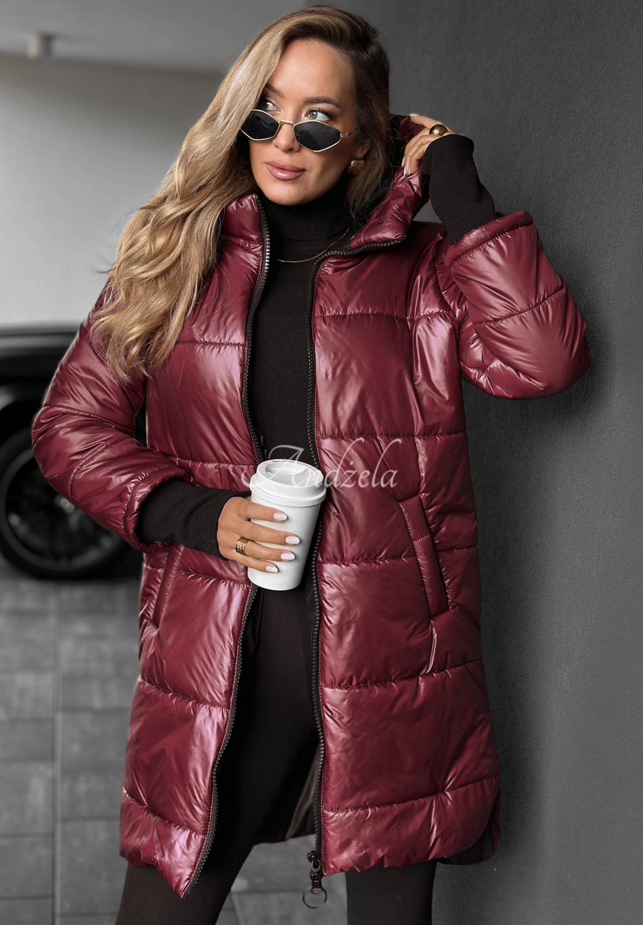 Long Quilted Hooded Jacket in Cinnamon Latte Burgundy