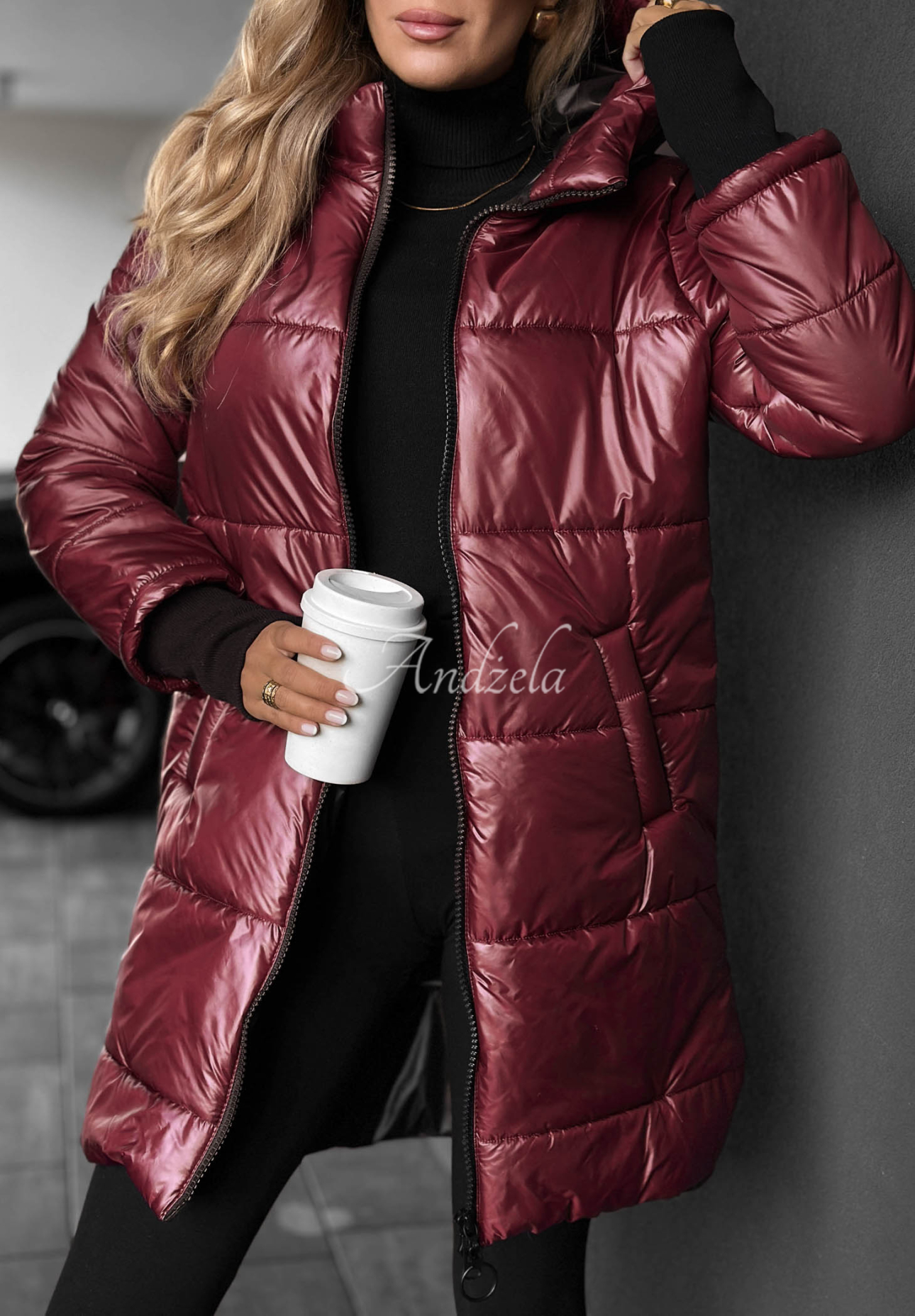Long Quilted Hooded Jacket in Cinnamon Latte Burgundy
