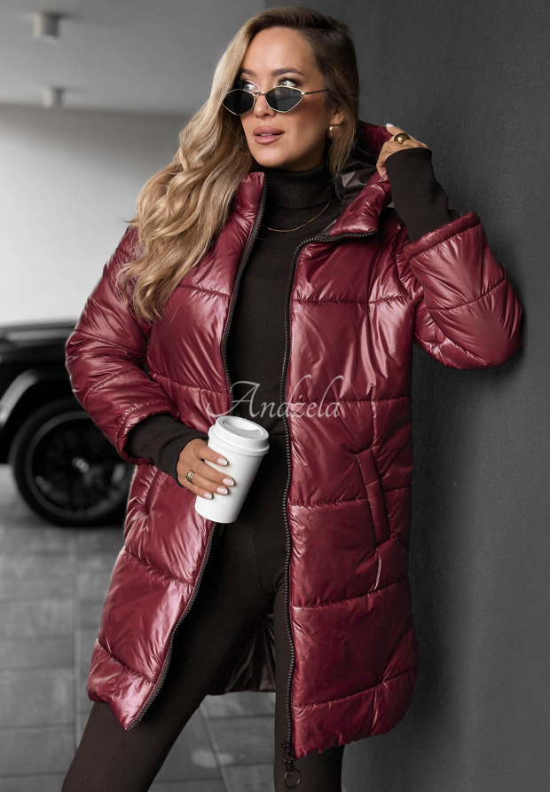 Long Quilted Hooded Jacket in Cinnamon Latte Burgundy