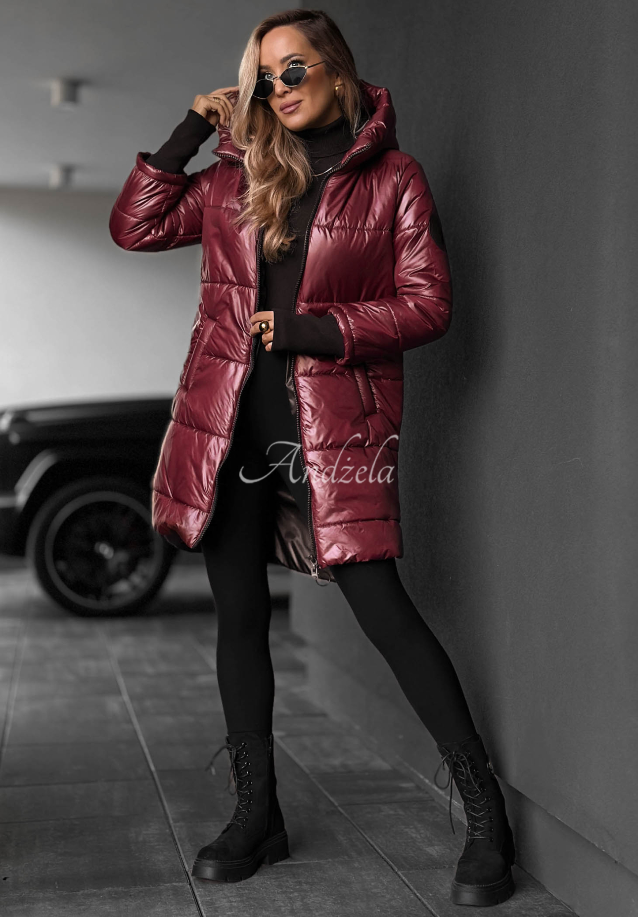 Long Quilted Hooded Jacket in Cinnamon Latte Burgundy