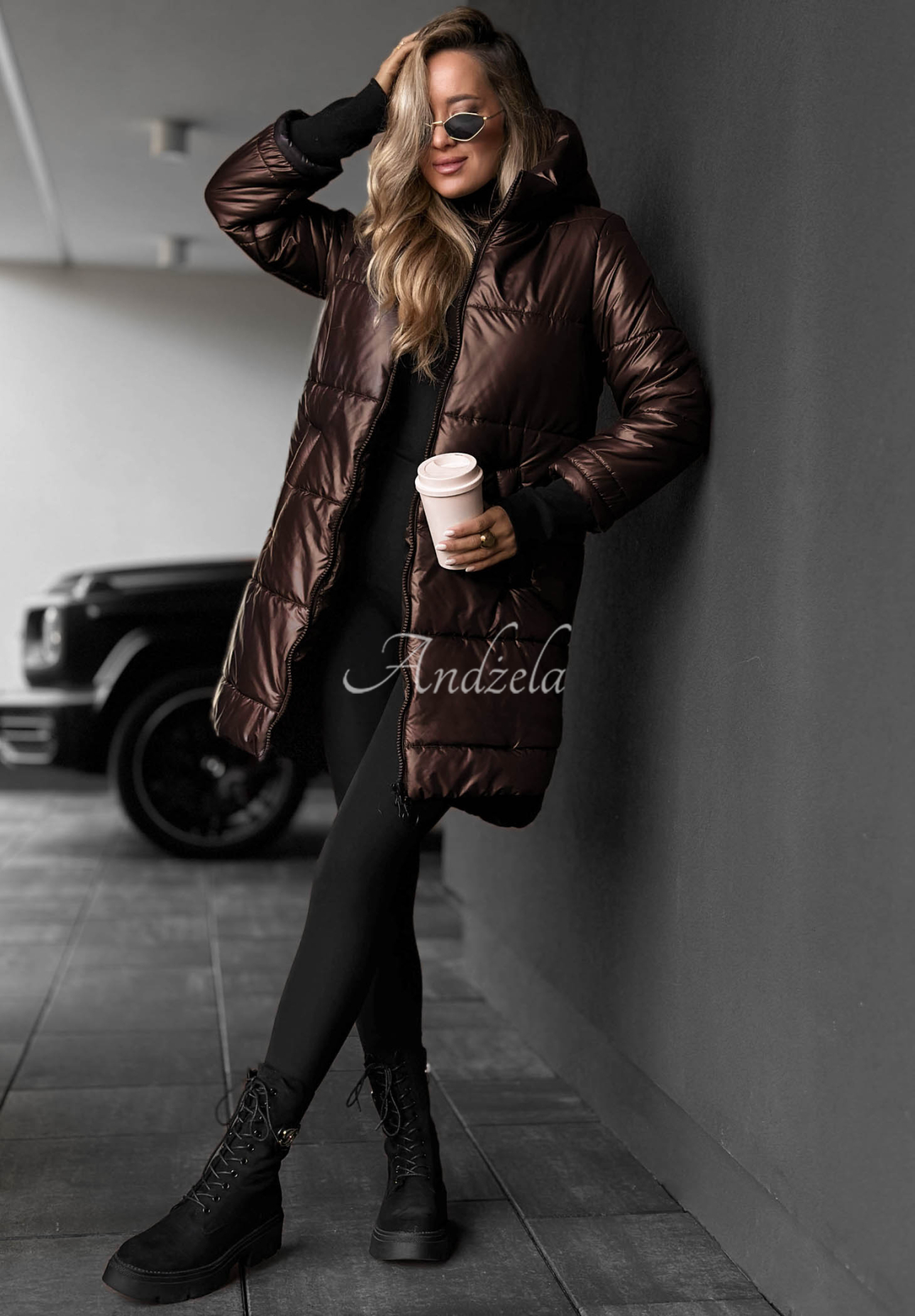 Long Quilted Hooded Jacket in Cinnamon Latte Chocolate