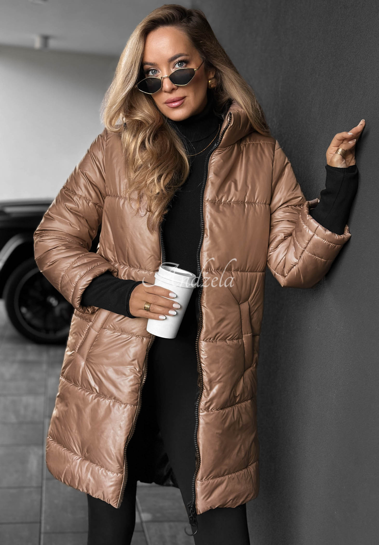 Long Quilted Hooded Jacket in Cinnamon Latte Mocha