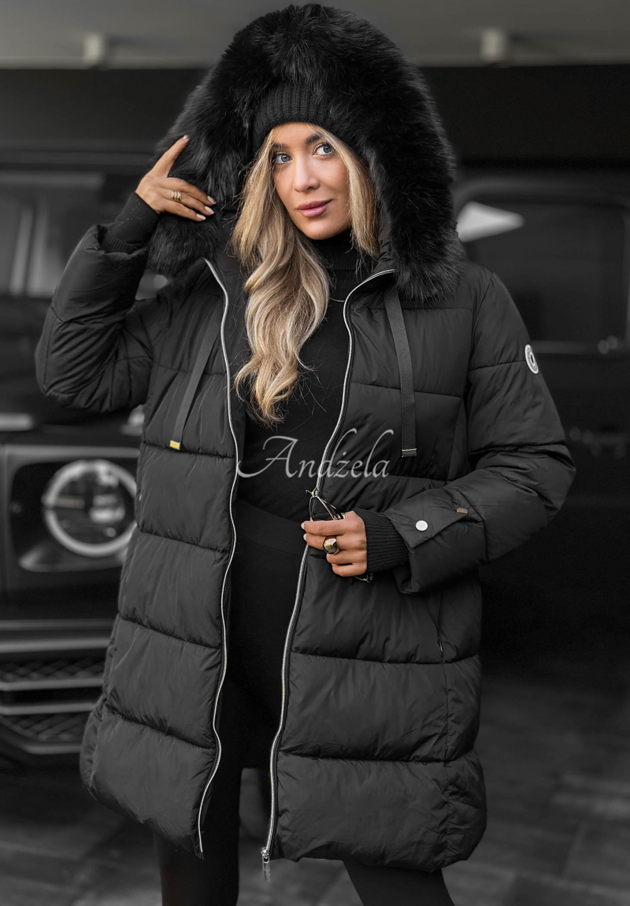 Winter Sunday Long Quilted Jacket with Fur Trim, Black