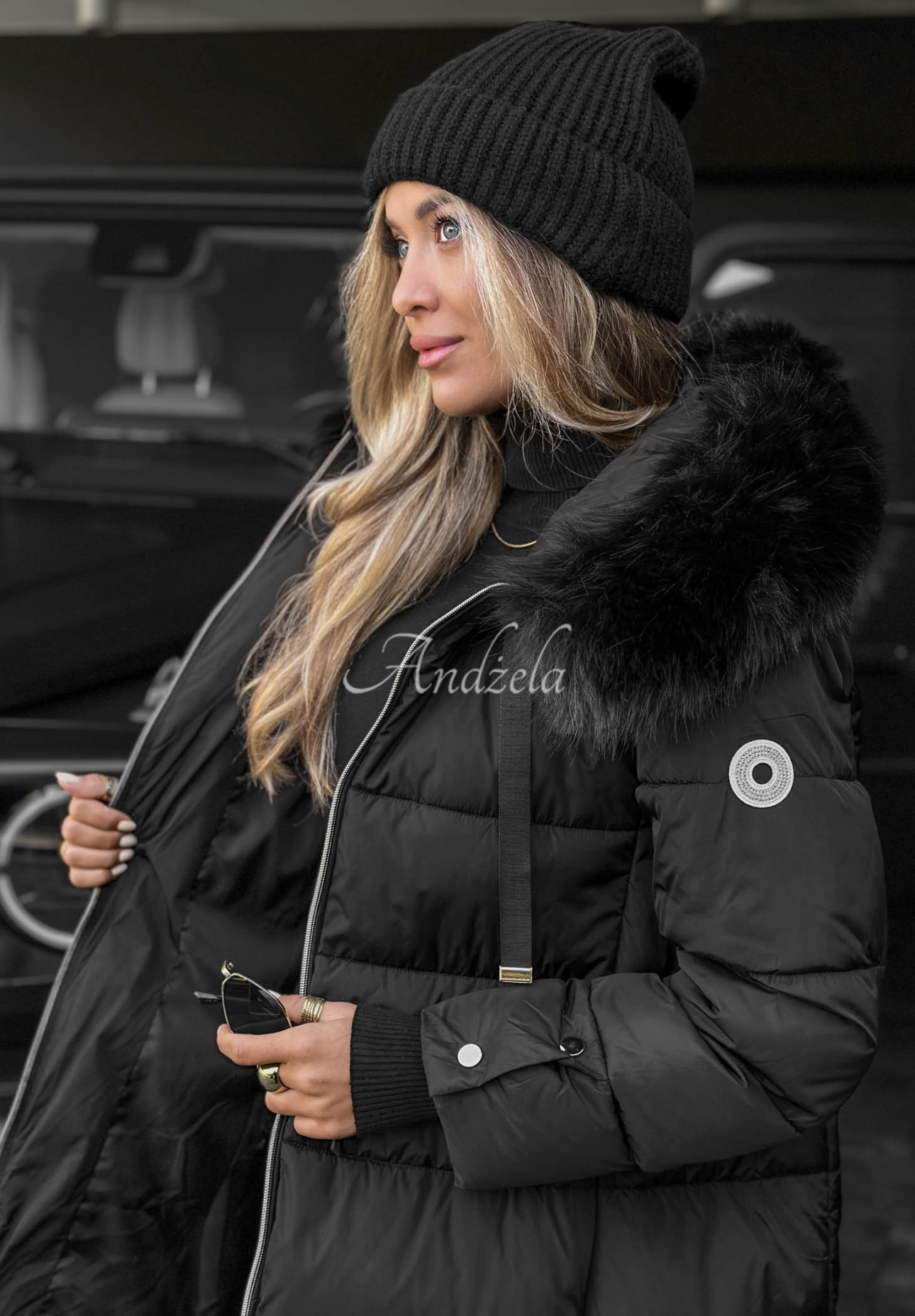 Winter Sunday Long Quilted Jacket with Fur Trim, Black