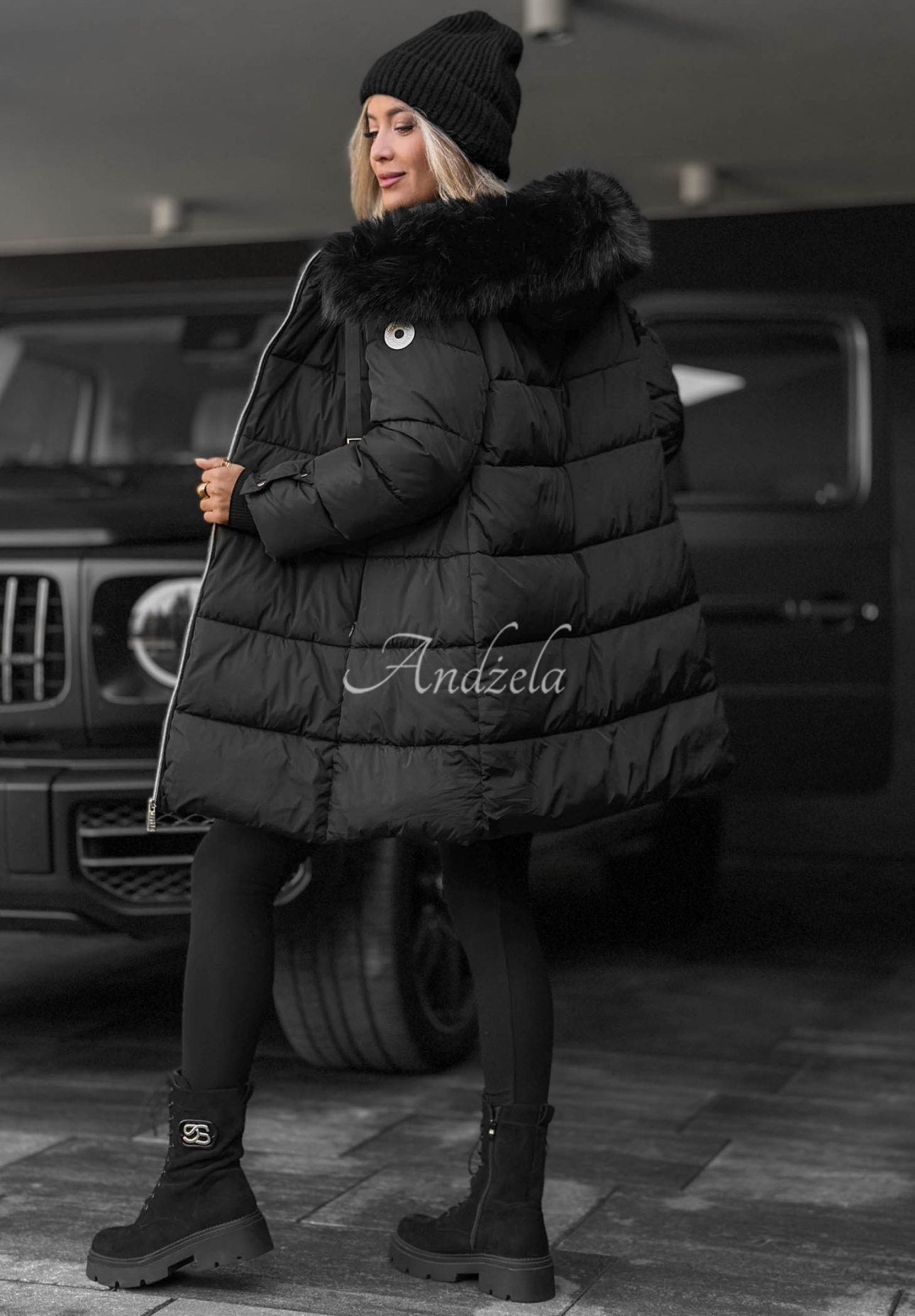 Winter Sunday Long Quilted Jacket with Fur Trim, Black
