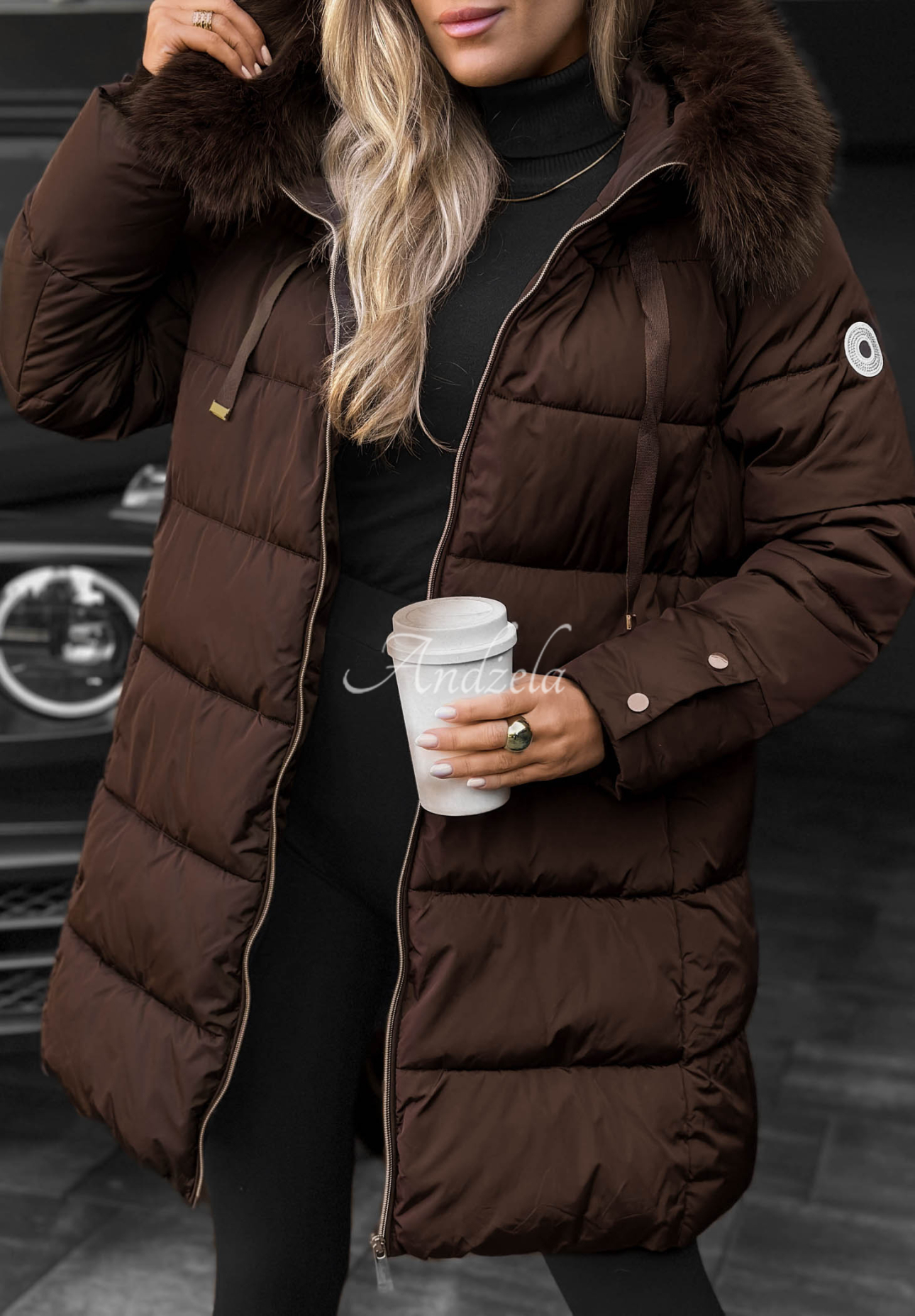 Winter Sunday Long Quilted Jacket with Fur Trim in Chocolate Brown